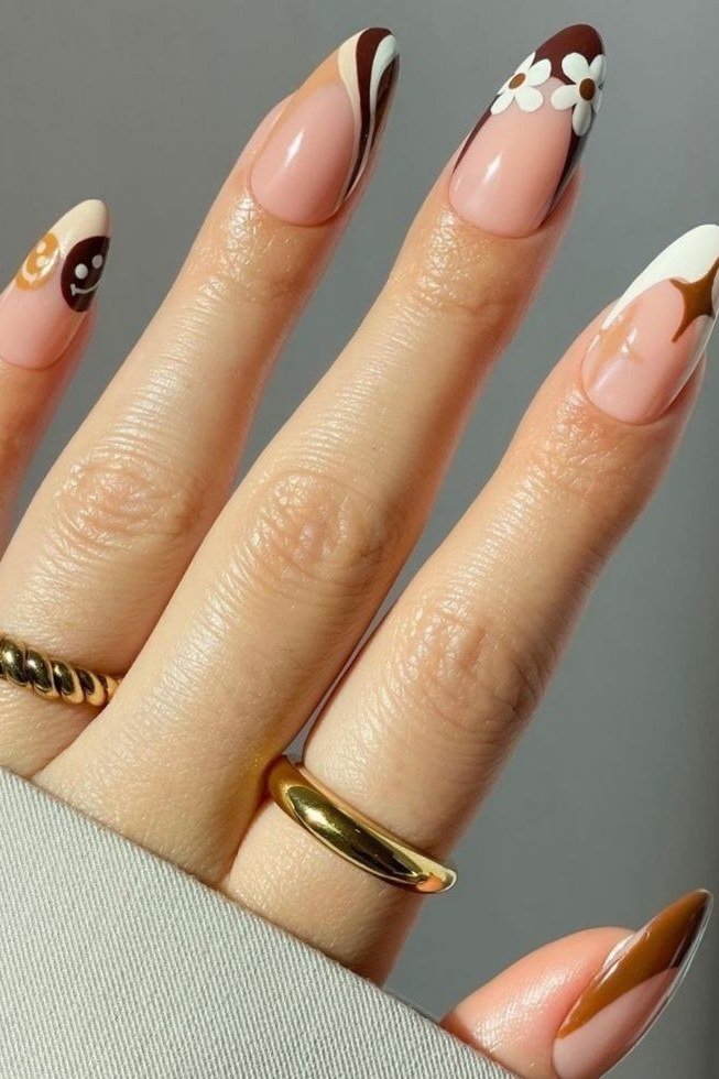 Brown and White Abstract Swirl Almond Nails - brown nail idea for women over 50