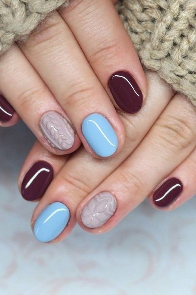 Burgundy Blue Taupe Mix in Cream Knit - winter nail trend for older women over 70