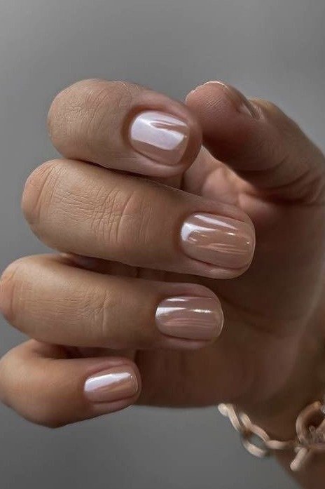 Pearl Chrome Nude - short nude nail idea for women over 50