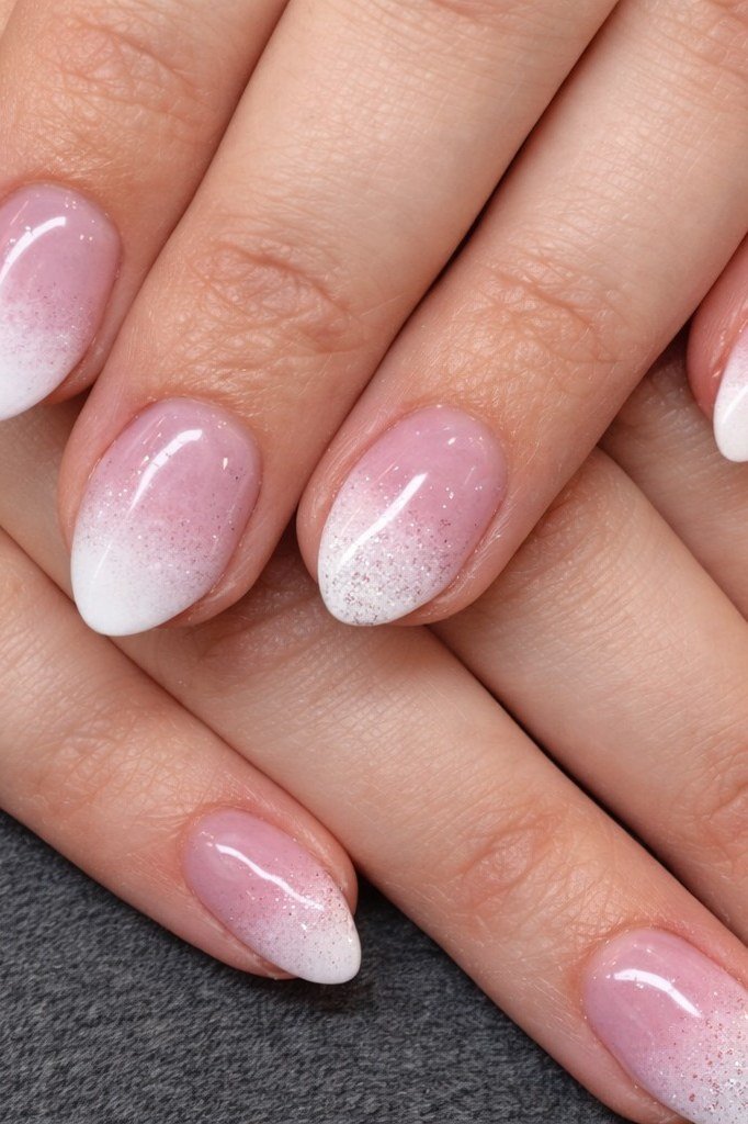 soft pink white baby boomer fade on medium almond nails