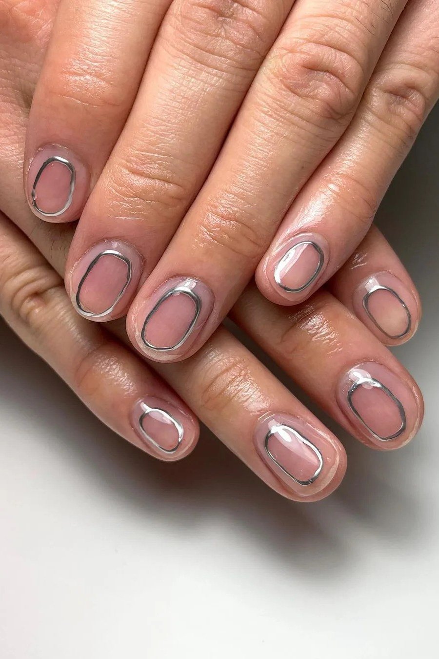 Silver Outline French on Short Nails - chrome nail designs for women over 60