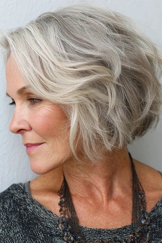 Silver Wavy Bob with Airy Layers, medium hairstyle for women over 70