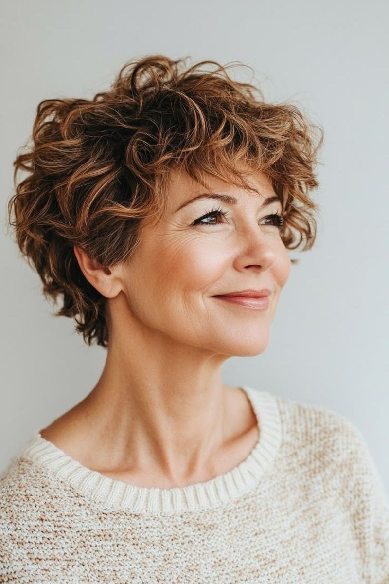 Auburn curly bob with bangs front view - curly hairstyle for women over 60