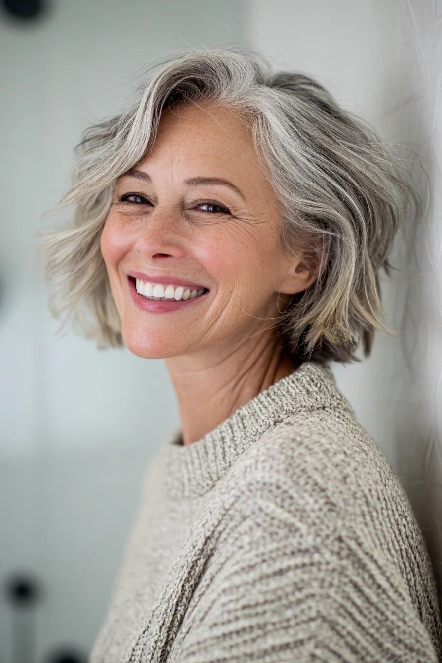 Longer grey pixie leaning to bob with soft waves
