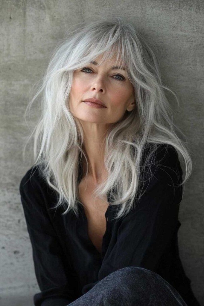 Long white wavy layered hair with bangs for women over 50