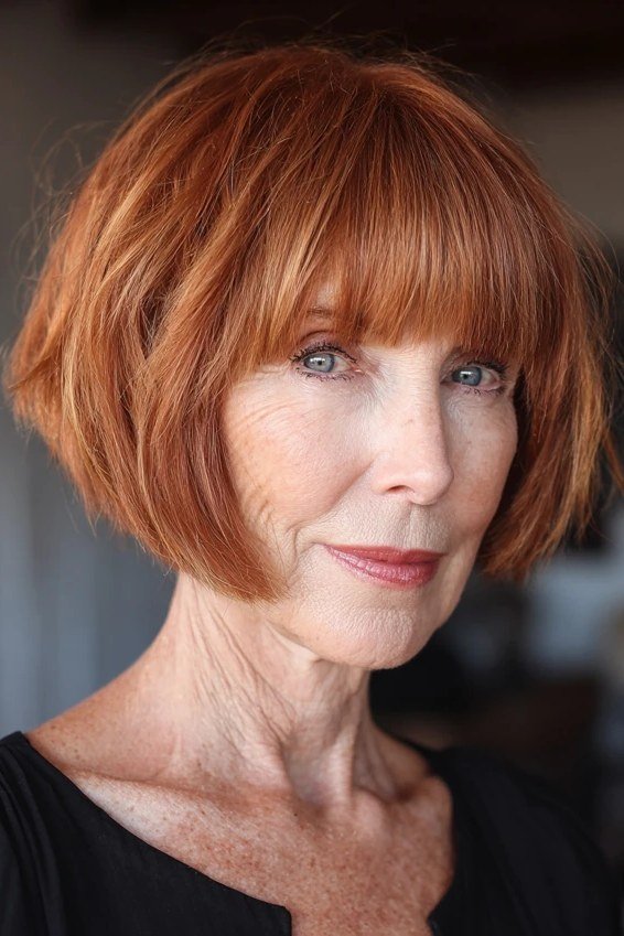 Auburn Layered Lob with Bangs - layered lob hairstyle for women over 60