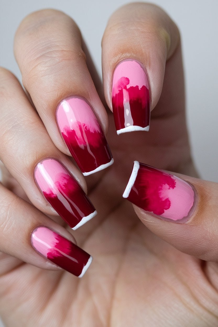53. Cranberry Watercolor Gradient Nails - Thanksgiving nail art idea for women over 50