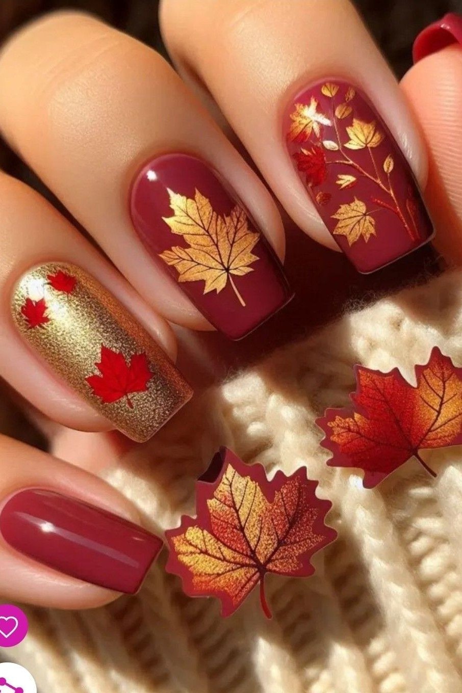 Gold and burgundy autumn leaf, burgundy fall nail idea for women over 60