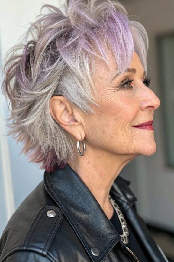 Purple Pixie with Leather - bold edgy pixie haircut for women over 50