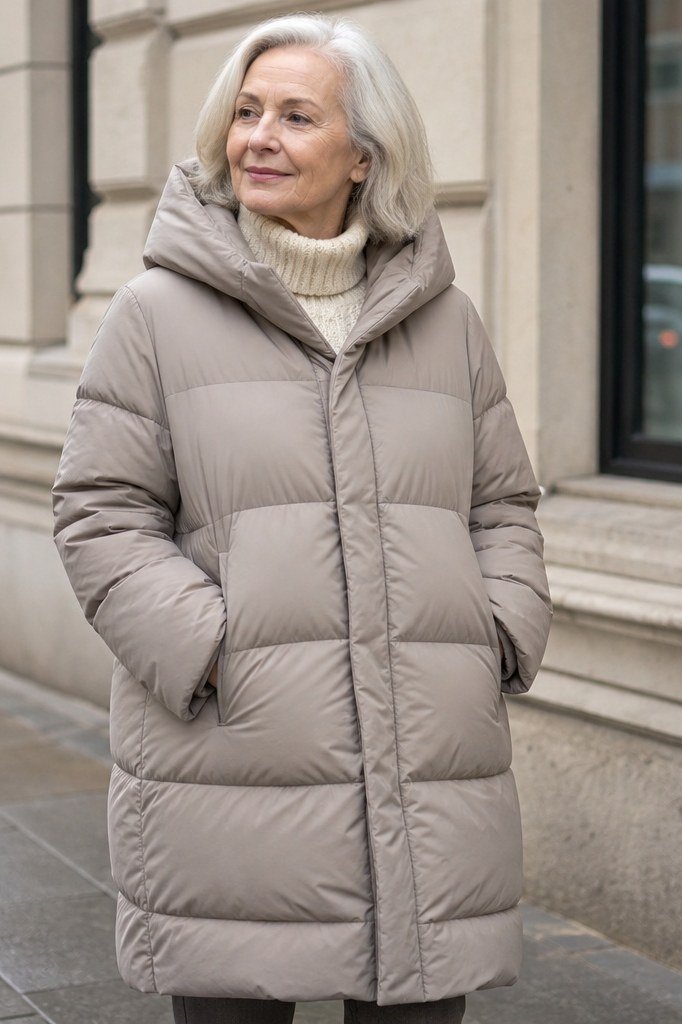 Taupe quilted coat outfit for women over 60