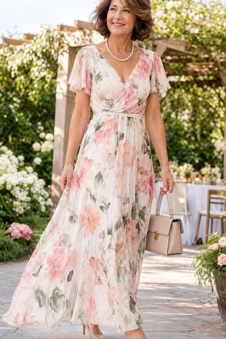 Pink floral maxi dress with flutter sleeves - wedding guest outfit for women over 50