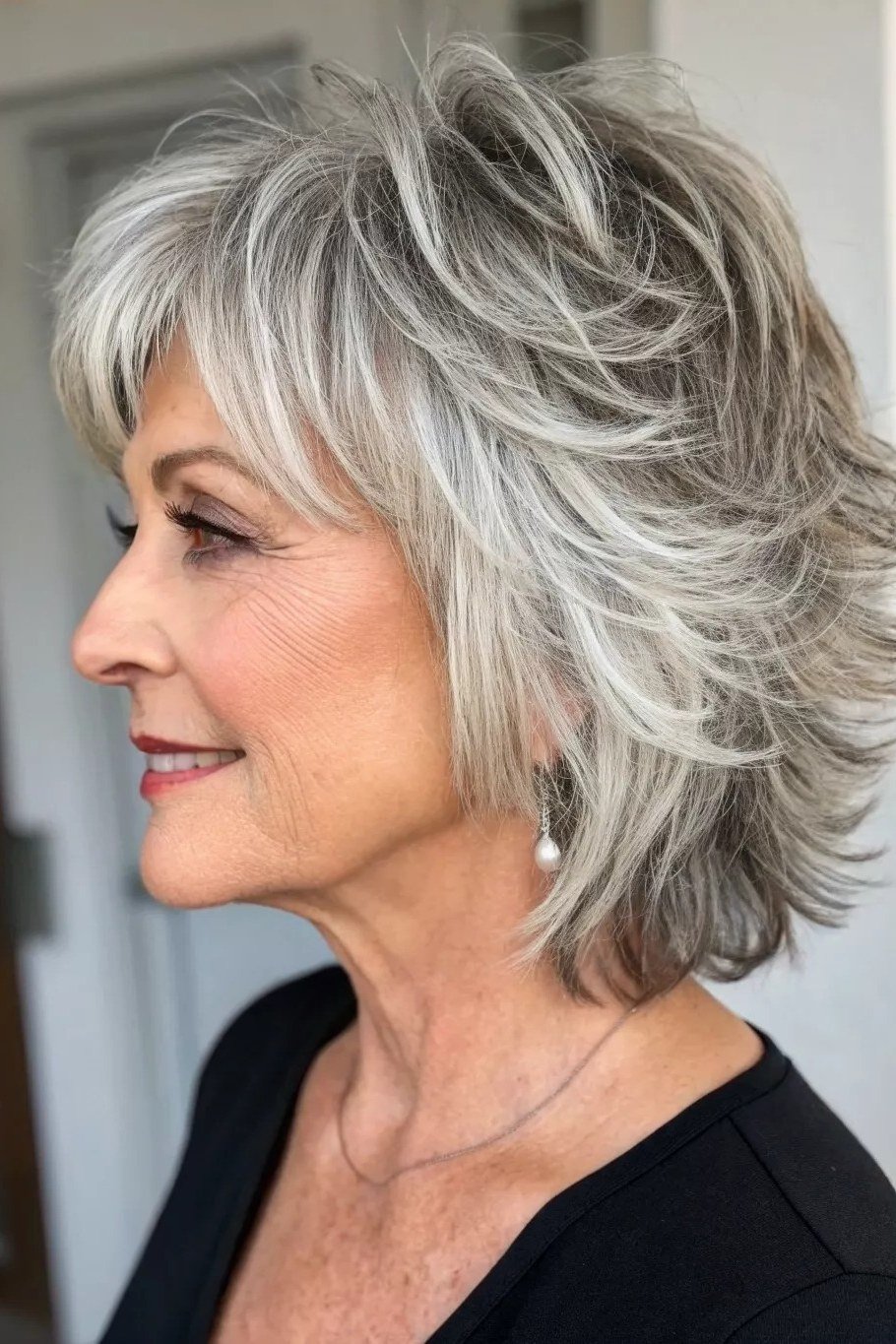 Silver Airy Shag Lob with Bangs - medium hairstyle for women over 60