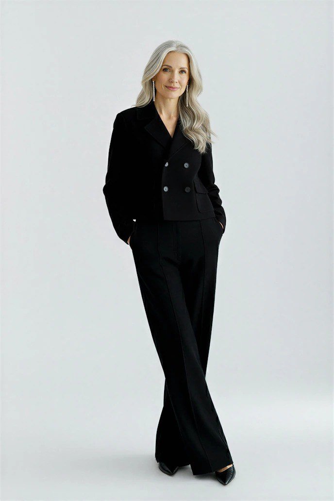 Black blazer with a black top and black wide-leg trousers for women over 50 at work