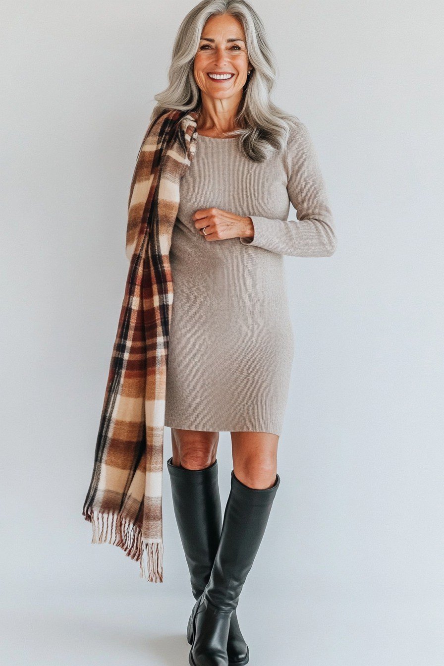 older woman in beige sweater dress with plaid scarf and black knee boots, studio