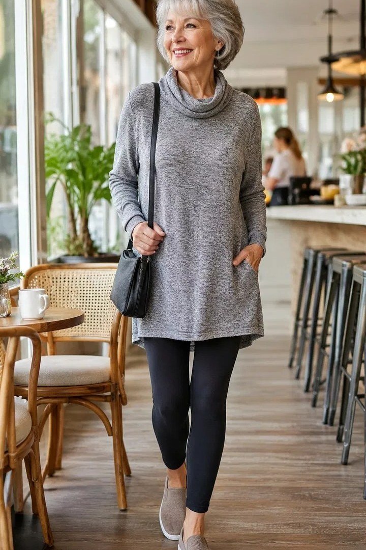 gray tunic sweater black leggings women over 50
