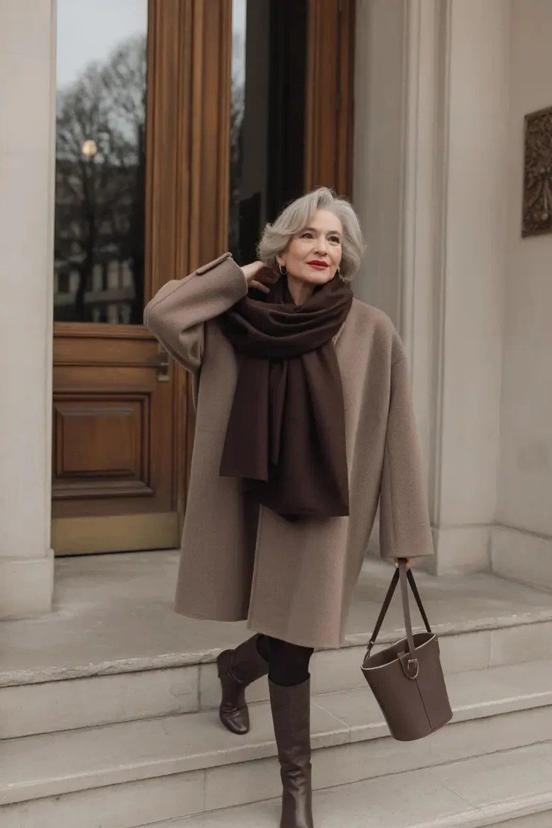 Effortlessly chic fall outfit for women over 60: camel coat with chunky brown scarf