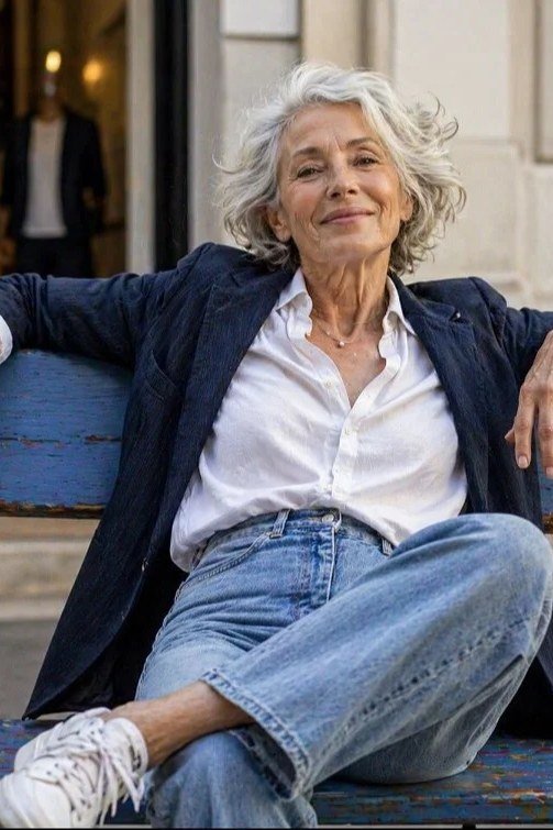 Elegant fall outfit for women over 70: navy blazer with jeans, relaxed