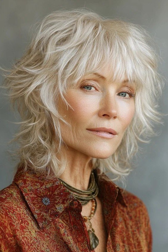 White shaggy bob haircut with natural texture over 60