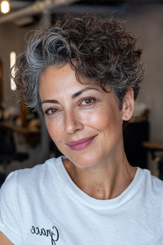 58. Curly Gray Pixie-Bob - wash and wear hairstyle for older women