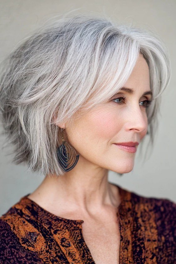 Dimensional silver layered medium-length hairstyle with bangs, front side view, for women over 50