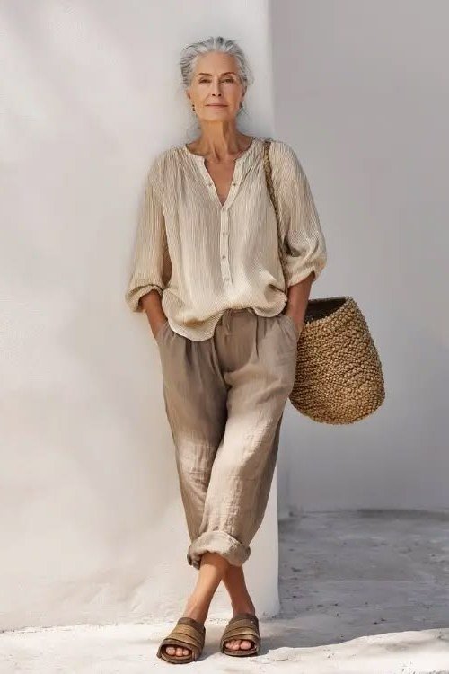 Woman over 50 wearing Beige linen set with straw tote against a white wall.