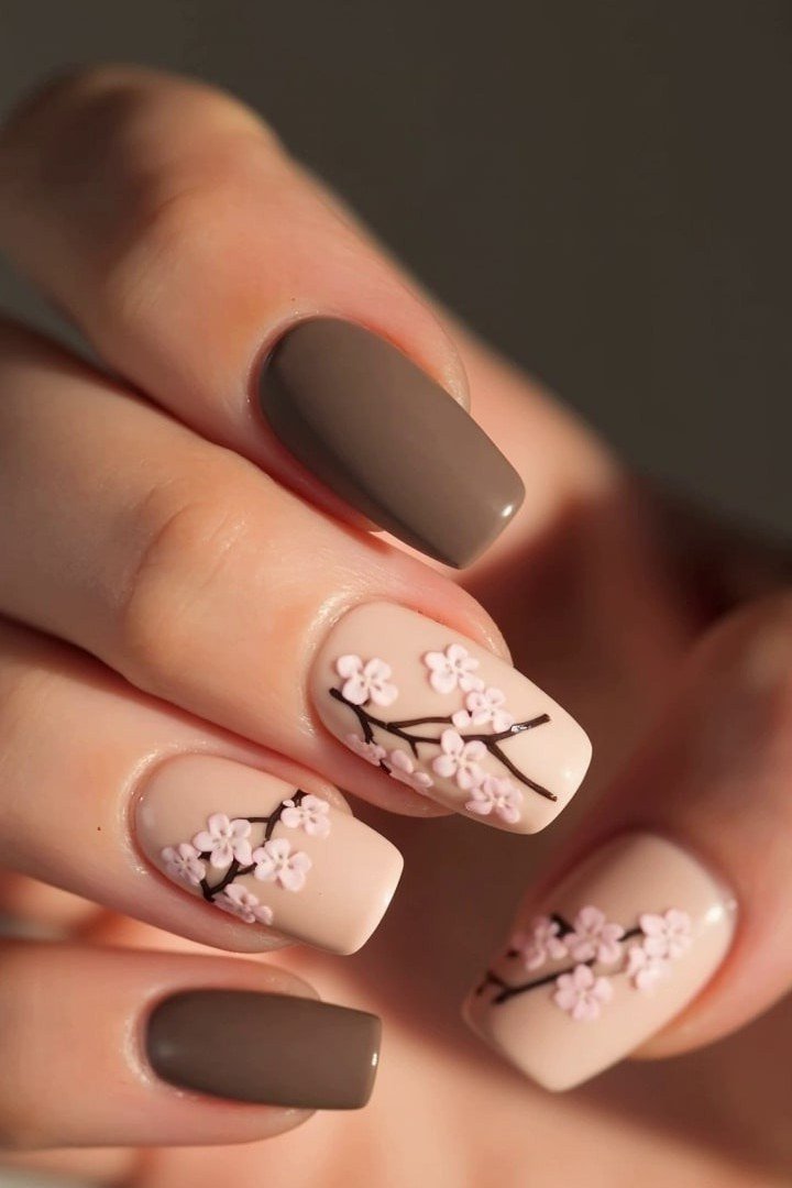 taupe nails with cherry blossom nail art