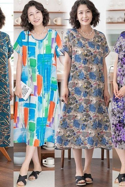 Four middle-aged women in colorful floral midi dresses, studio lineup - summer dress for women over 50