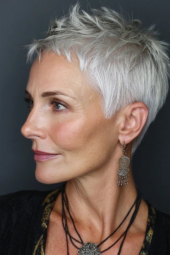 white spiky piecey pixie for women over 50 side view