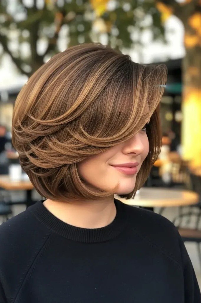 Brunette layered bob side view, cafe, short layered bob hairstyle for women over 60