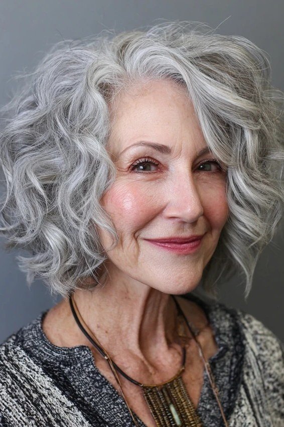 Grey Curly Bob With Soft Curls - short curly hairstyle for women over 60