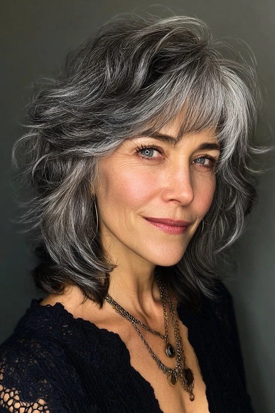 Shaggy Grey Shag with Bangs - grey hairstyle for women over 60
