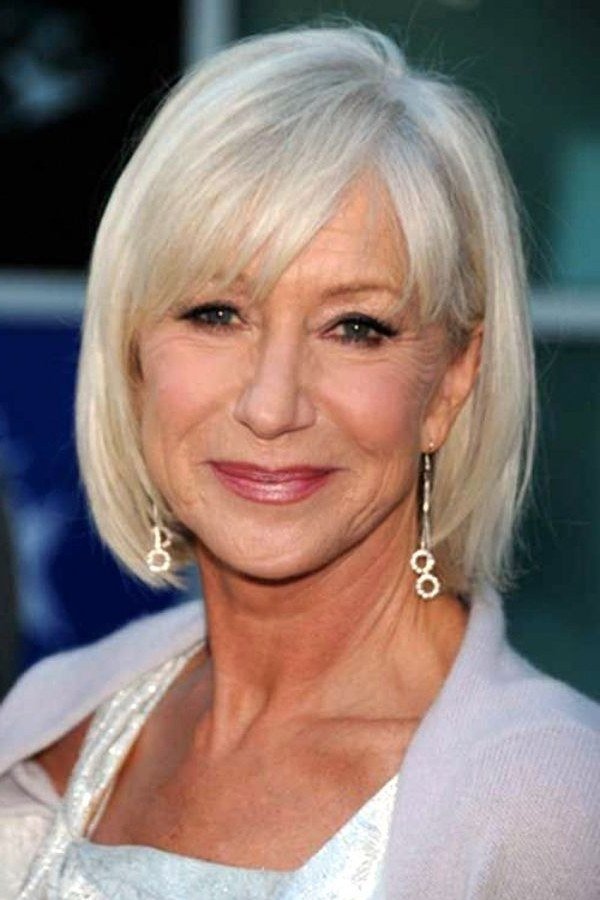 platinum sleek bob with bangs, front view for women over 50