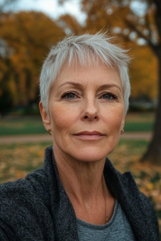 White cropped pixie, neat texture, front view for women over 60