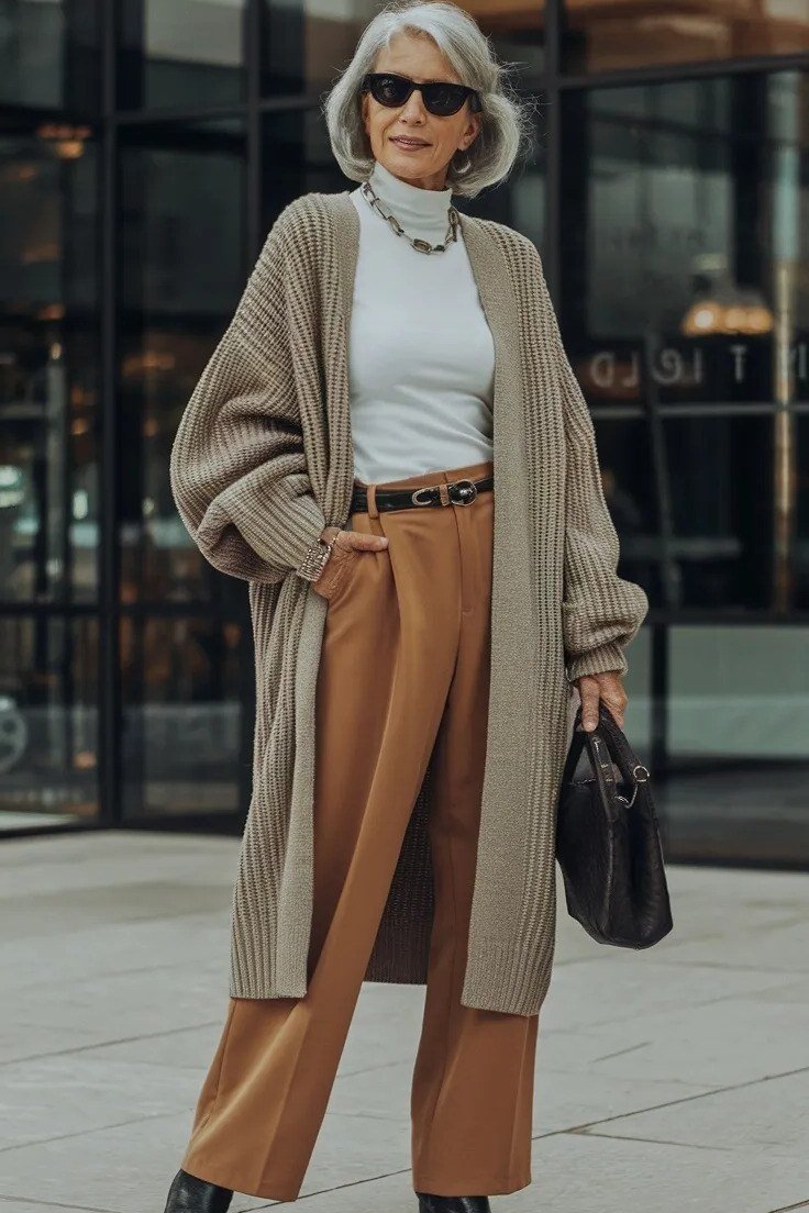Taupe long cardigan with rust trousers fall outfit idea for women over 60
