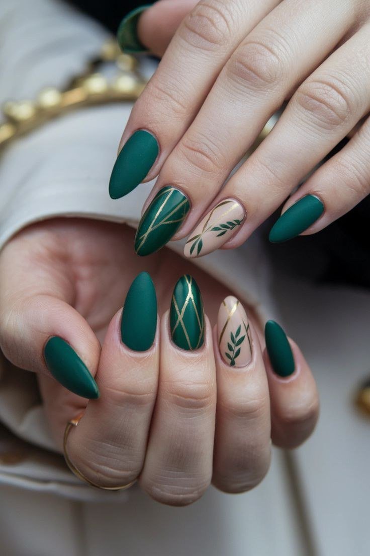 Teal green with nude accent nails with leaf art, almond shape, medium length, glossy, fall nail color for women over 40