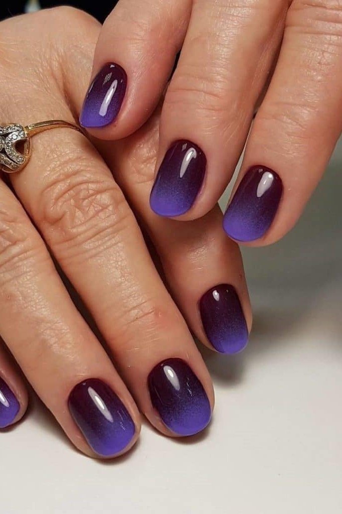 Deep purple ombre on mature hands, short round nails, ombre nail design for women over 60