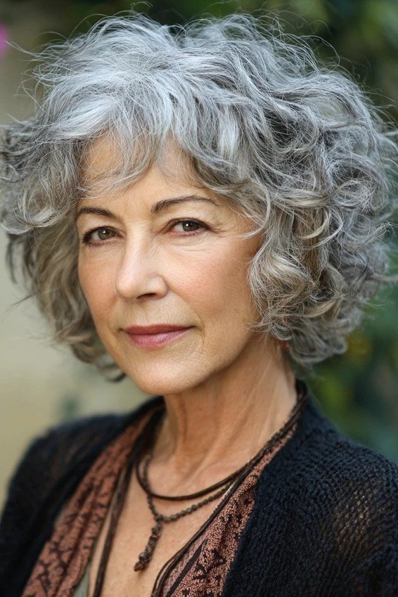 Silver-Grey Curly Bob - curly bob hairstyle for women over 50
