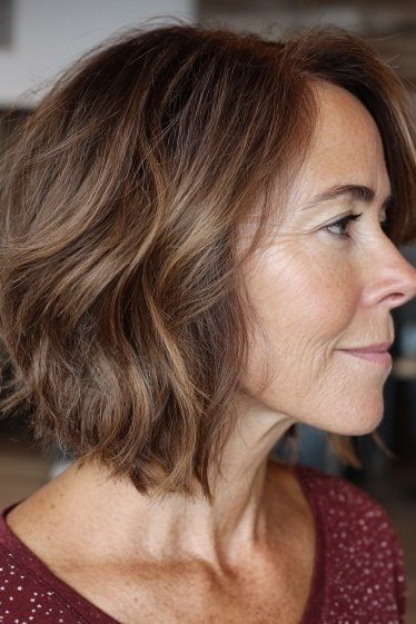 Choppy bob hairstyle for women over 60: brown bob side salon