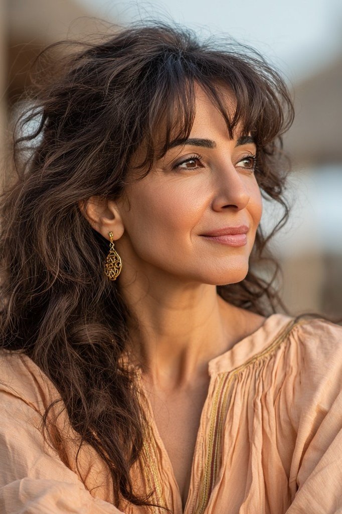 Dark curly long layers with defined polished curls for women over 40