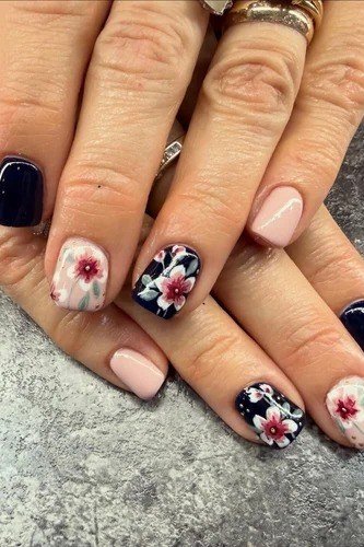 Navy and Floral Mix - short nail design for women over 40