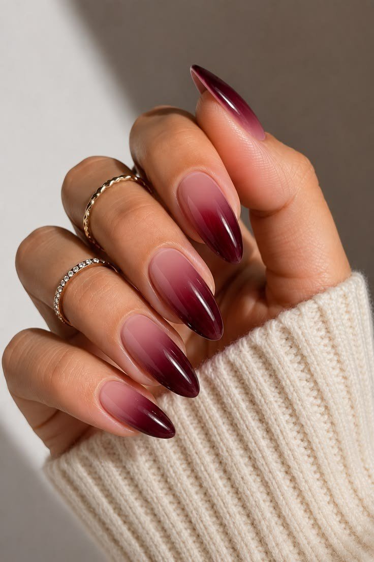 Burgundy ombre almond nails, fall nail design for women over 60