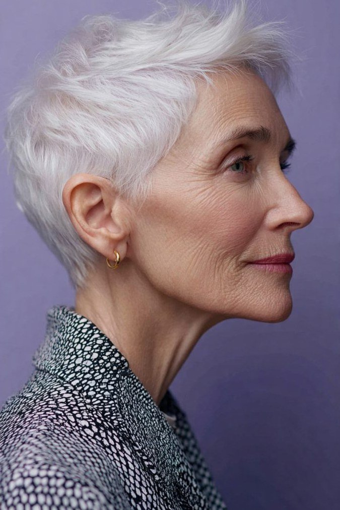 Striking white pixie haircut for women over 70, side view