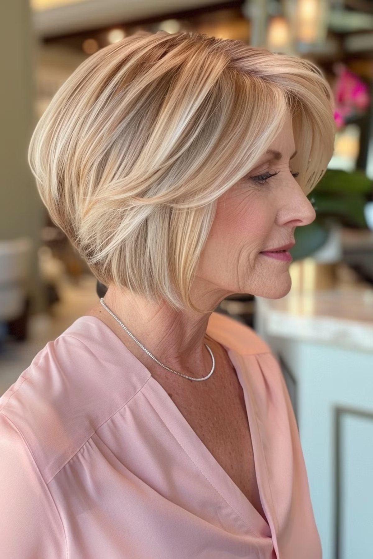 Honey blonde rounded bob - trendy short haircut for older women with fine hair