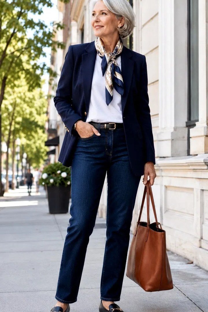 Navy blazer with printed scarf and dark jeans for women over 60