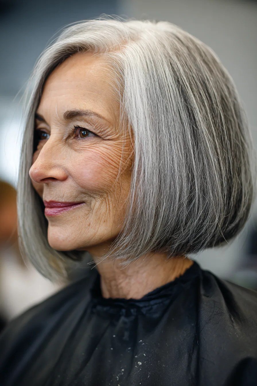 Silver sleek bob, side view, woman in her 60s