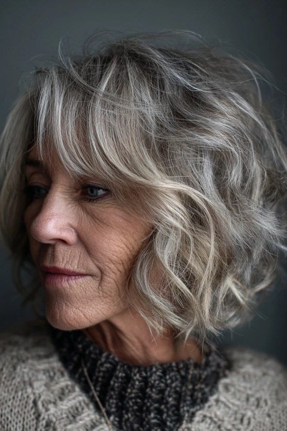 Grey Curly Shaggy Bob - shaggy bob haircut for women over 60