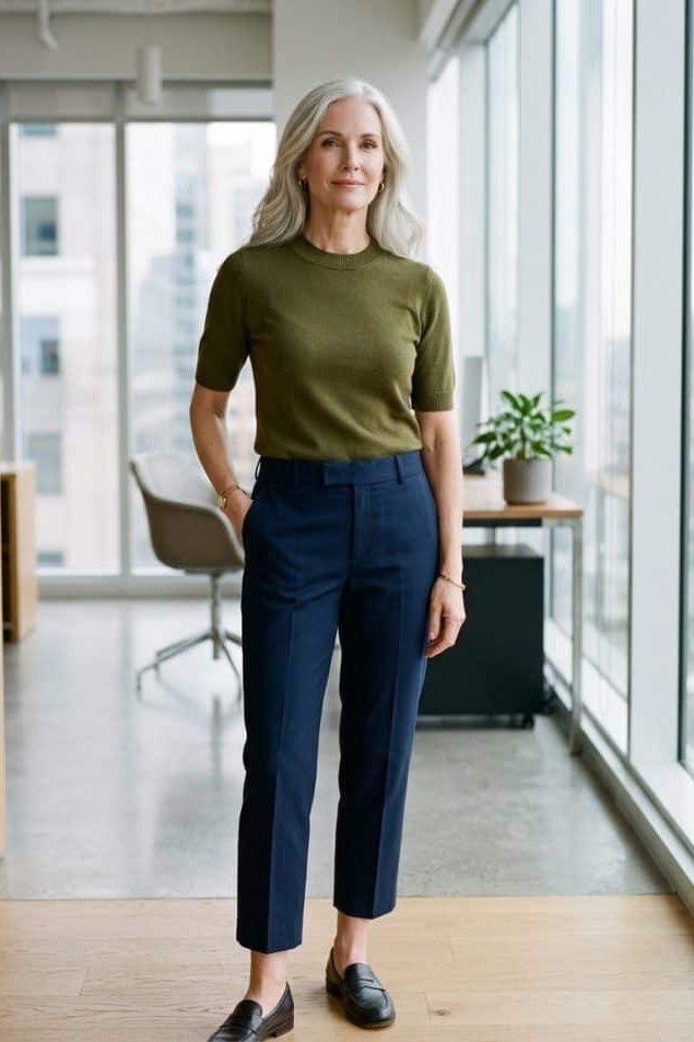 Olive Green Knit Sweater With Navy Cropped Trousers, smart casual outfit for women over 50