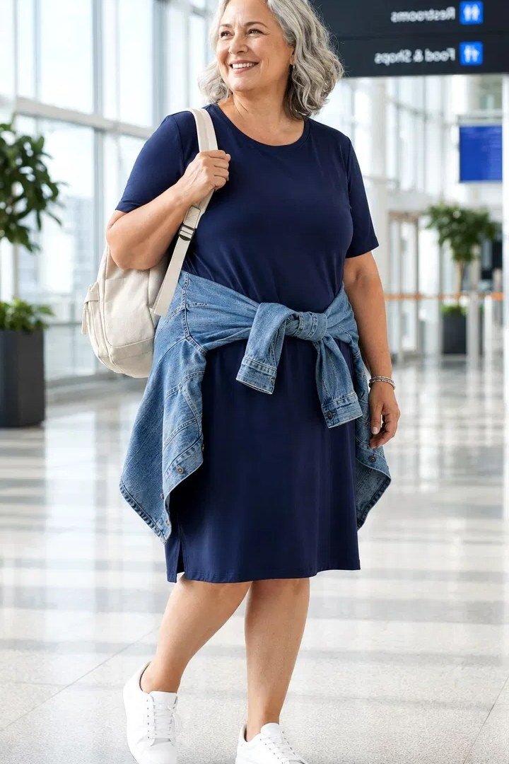 Easy casual outfit idea for women over 50: navy dress with denim tied at the waist, older woman everyday style