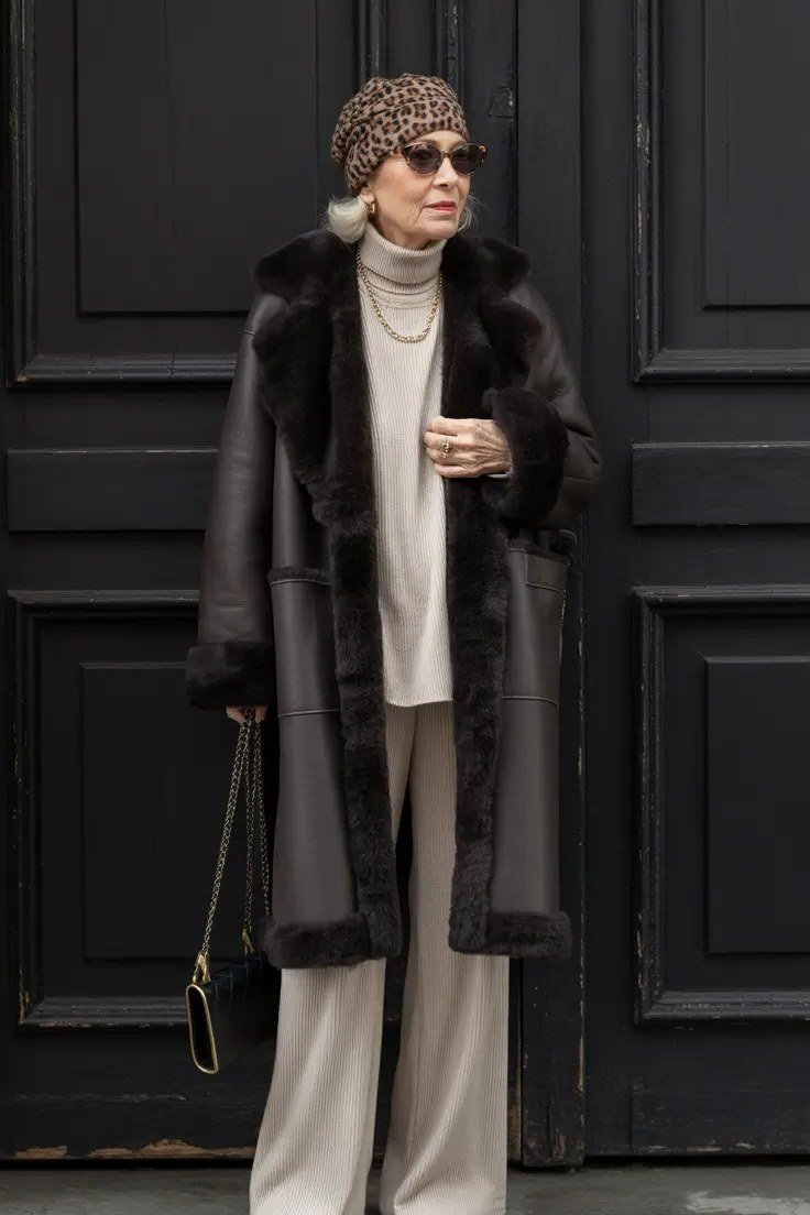 black fur trim coat with leopard beret church outfit for women over 60
