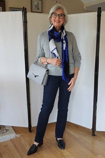 grey sweater and blue scarf fall outfit for women over 60